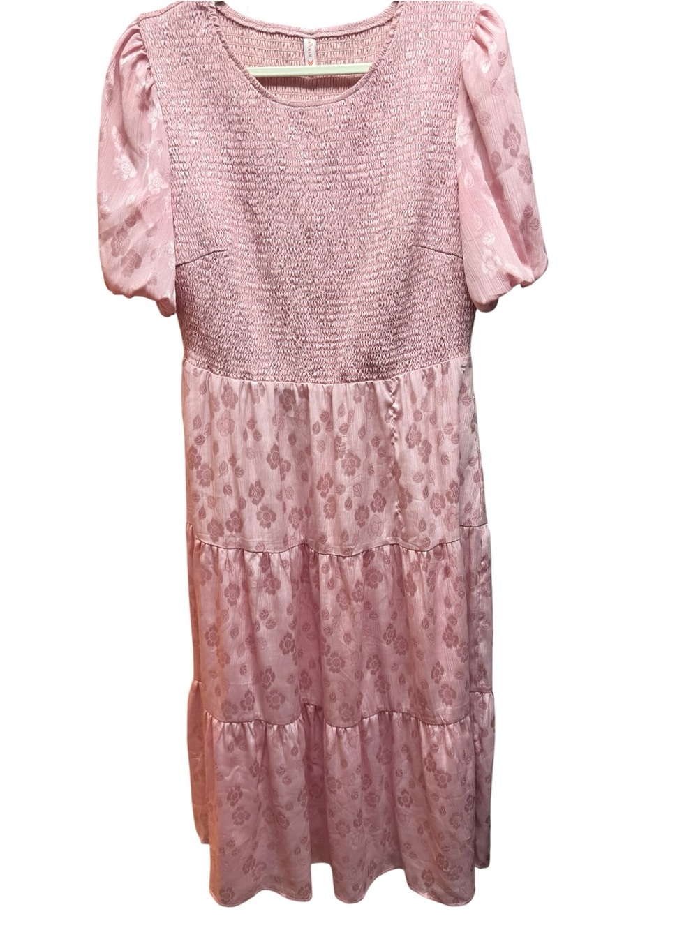 Pink Floral Jacquard Smocked Midi Dress XL Coquette Fairycore Whimsical Fall Wed